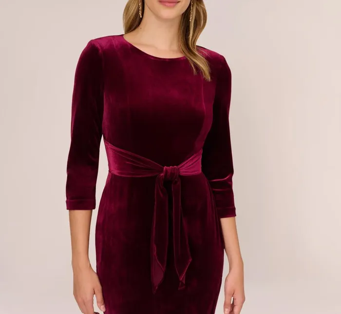 Midi Dresses Womens Adrianna Papell Velvet Tie Front Midi Dress With Three Quarter Sleeves In Burgundy