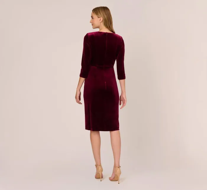 Midi Dresses Womens Adrianna Papell Velvet Tie Front Midi Dress With Three Quarter Sleeves In Burgundy
