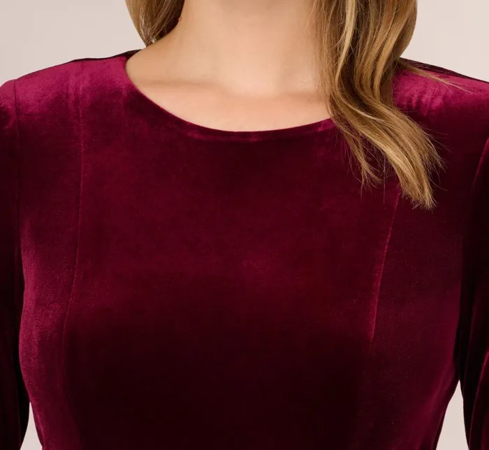 Midi Dresses Womens Adrianna Papell Velvet Tie Front Midi Dress With Three Quarter Sleeves In Burgundy