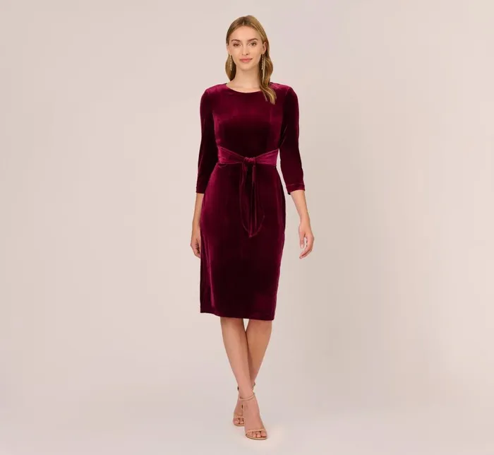 Midi Dresses Womens Adrianna Papell Velvet Tie Front Midi Dress With Three Quarter Sleeves In Burgundy