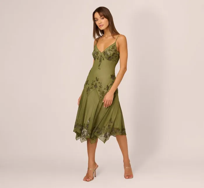 Midi Dresses Womens Adrianna Papell Vintage Beaded Midi Fairy Dress With Sharkbite Hem In Olive