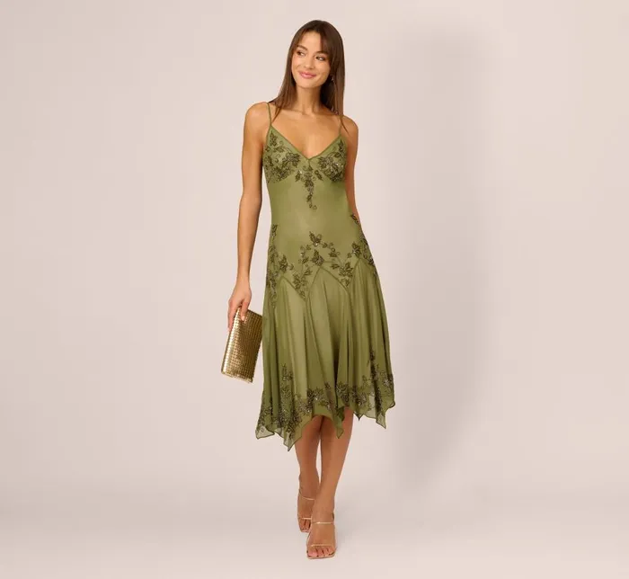 Midi Dresses Womens Adrianna Papell Vintage Beaded Midi Fairy Dress With Sharkbite Hem In Olive