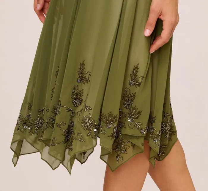 Midi Dresses Womens Adrianna Papell Vintage Beaded Midi Fairy Dress With Sharkbite Hem In Olive