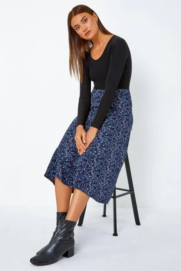 Midnight Blue Elastic Waist Textured Abstract ALine Skirt Women Roman Skirts