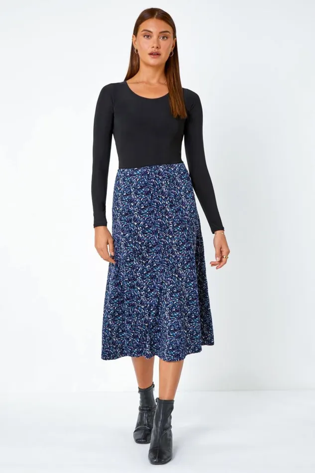 Midnight Blue Elastic Waist Textured Abstract ALine Skirt Women Roman Skirts