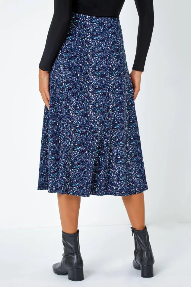 Midnight Blue Elastic Waist Textured Abstract ALine Skirt Women Roman Skirts