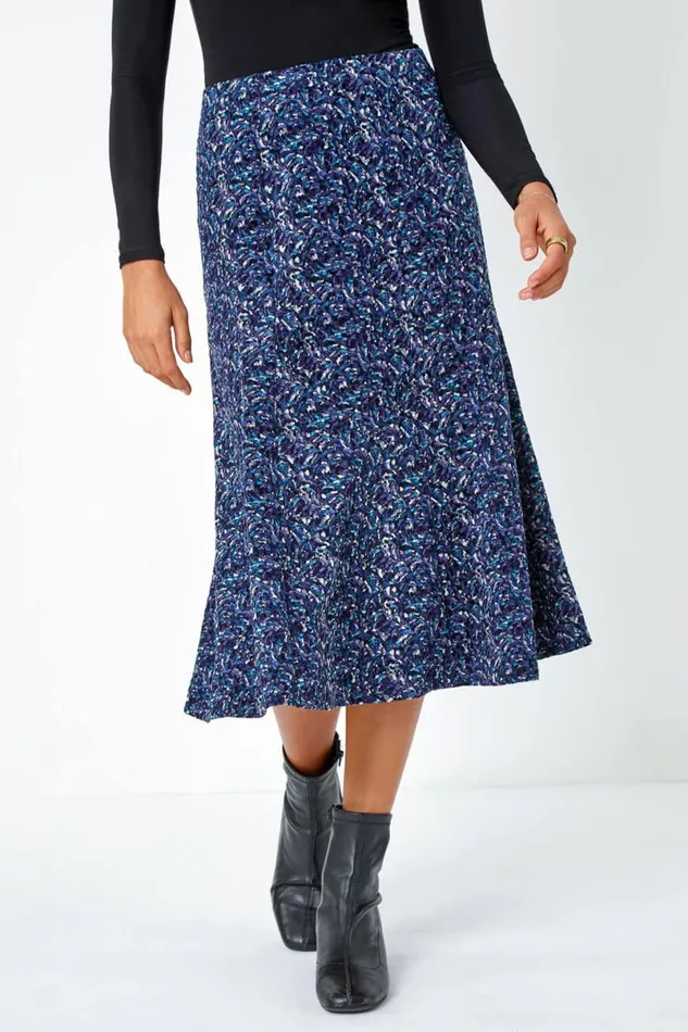 Midnight Blue Elastic Waist Textured Abstract ALine Skirt Women Roman Skirts