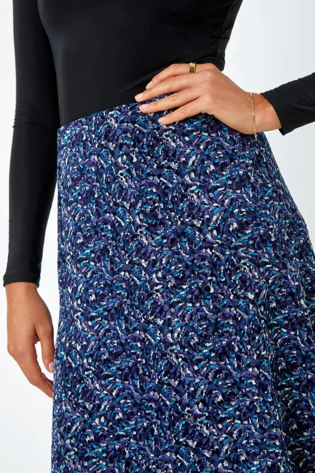 Midnight Blue Elastic Waist Textured Abstract ALine Skirt Women Roman Skirts