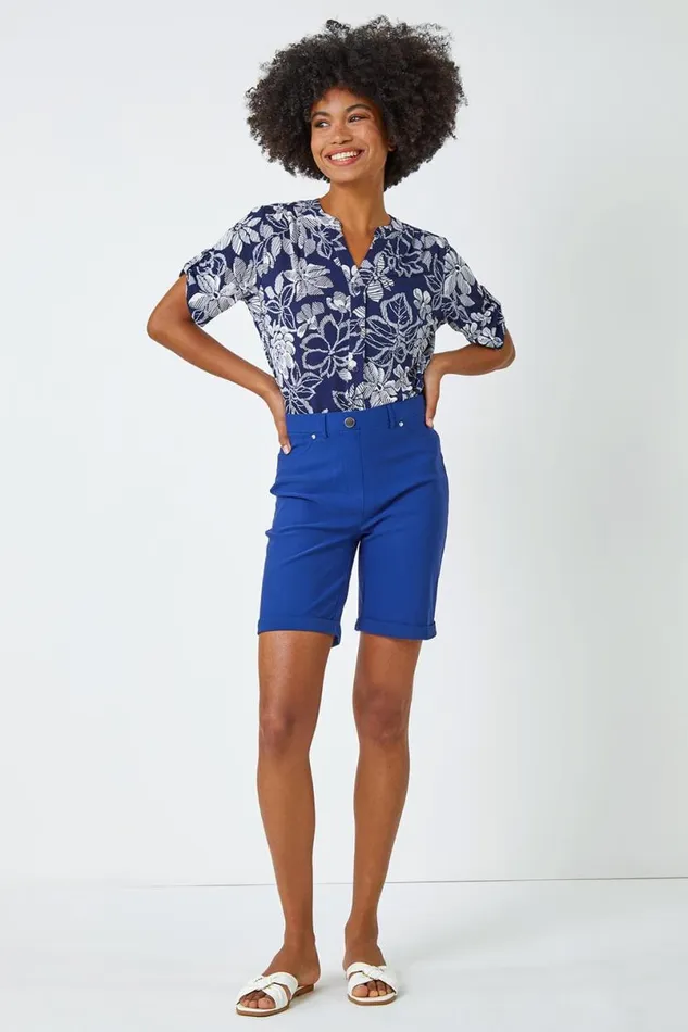 Midnight Blue Elastic Waist Turn Up Stretch Shorts Women Roman Trousers