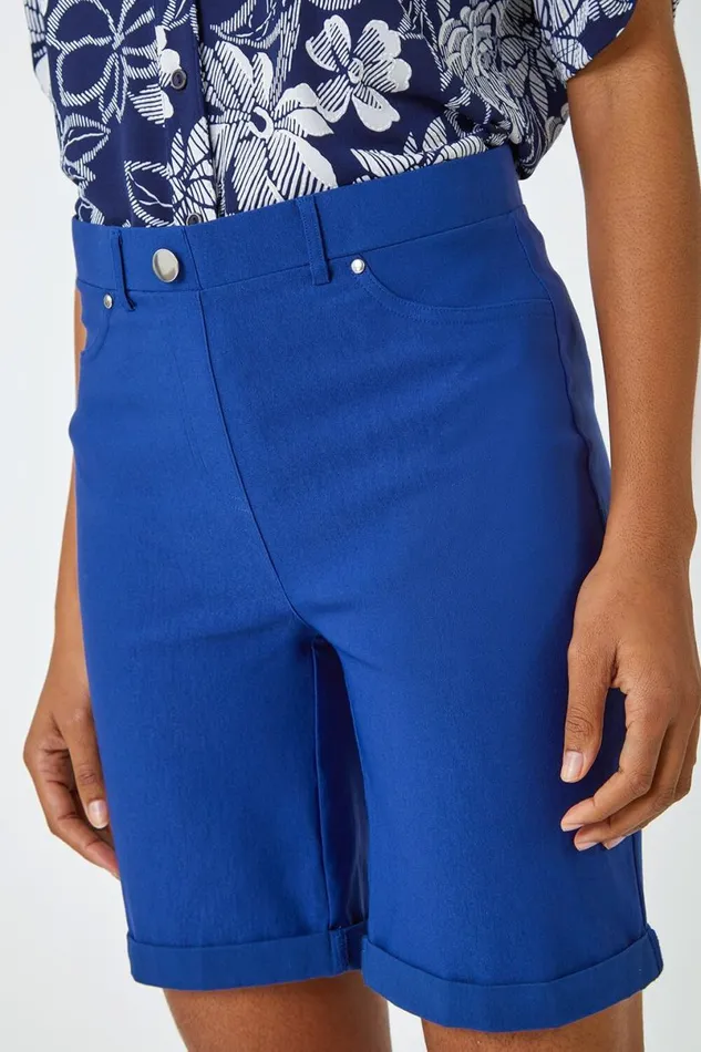Midnight Blue Elastic Waist Turn Up Stretch Shorts Women Roman Trousers