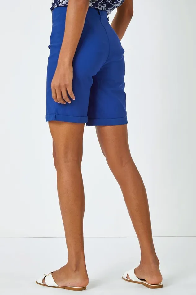 Midnight Blue Elastic Waist Turn Up Stretch Shorts Women Roman Trousers
