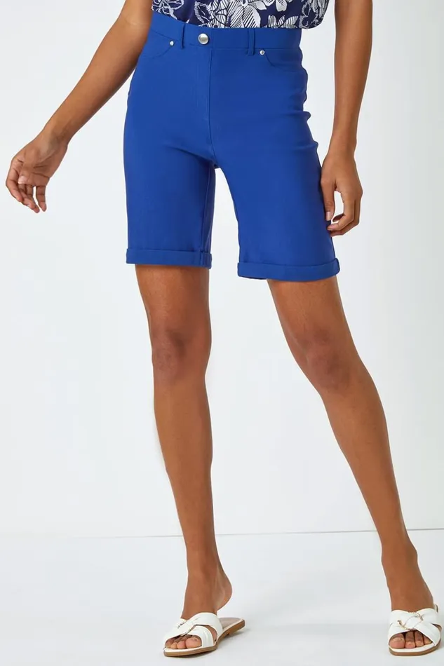 Midnight Blue Elastic Waist Turn Up Stretch Shorts Women Roman Trousers