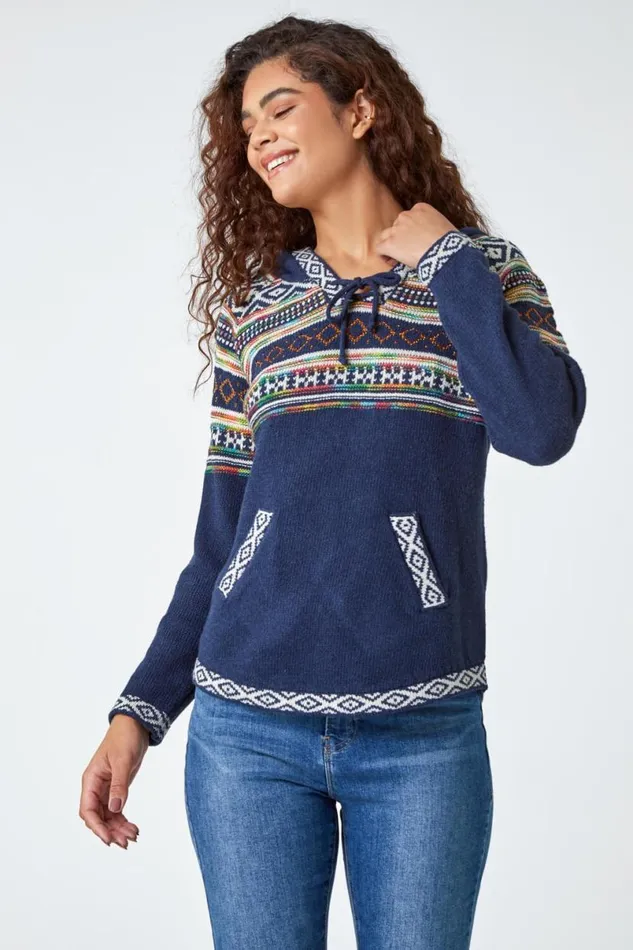 Midnight Blue Nordic Print Hooded VNeck Jumper Women Roman Jackets