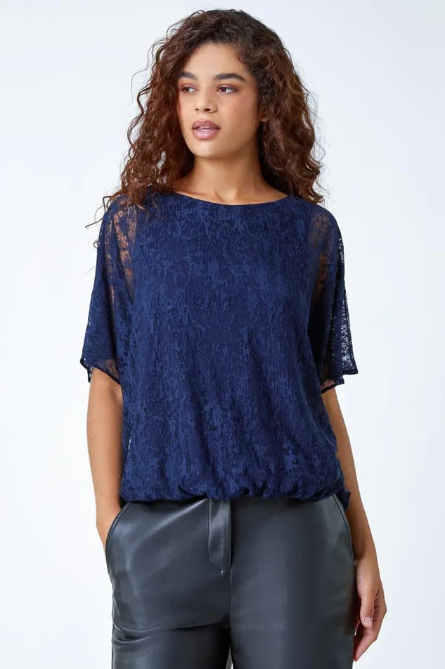 Midnight Blue Textured Animal Blouson Stretch Top Women Roman Tops