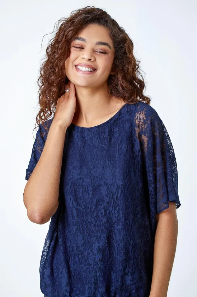 Midnight Blue Textured Animal Blouson Stretch Top Women Roman Tops