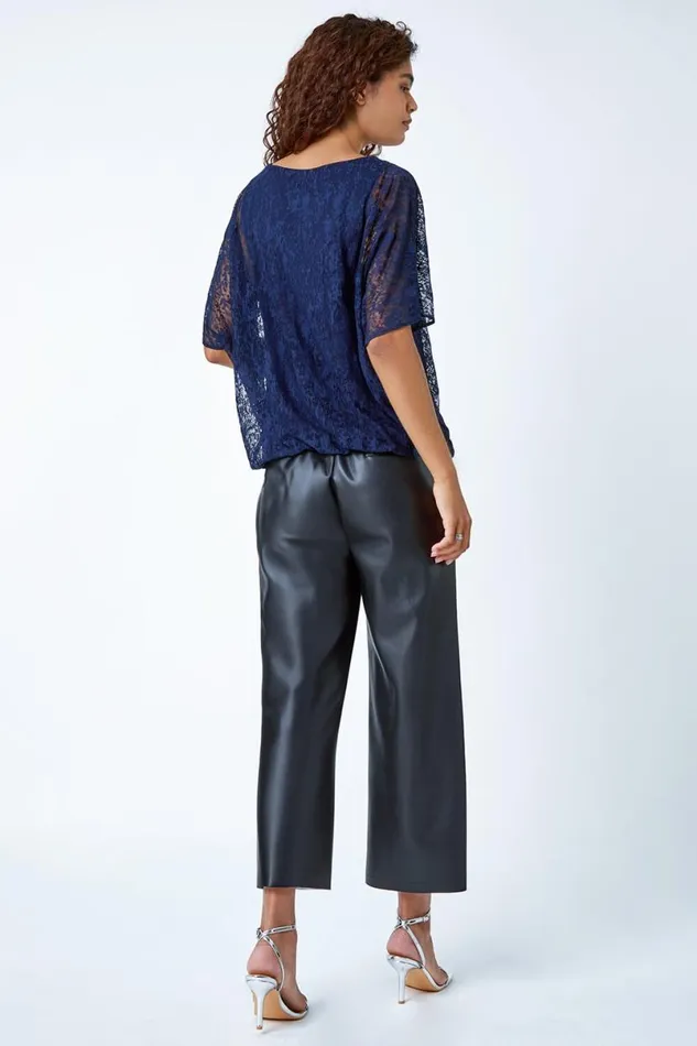 Midnight Blue Textured Animal Blouson Stretch Top Women Roman Tops