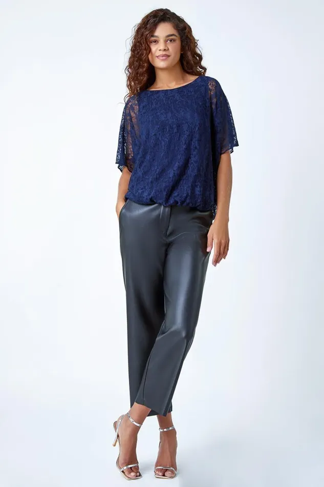 Midnight Blue Textured Animal Blouson Stretch Top Women Roman Tops