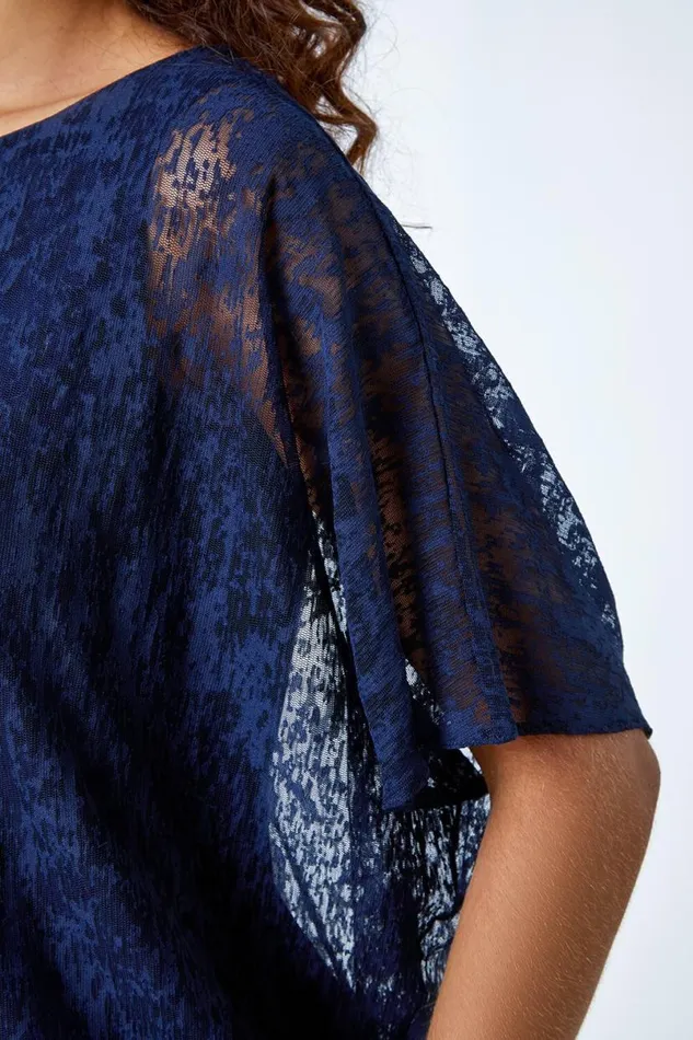 Midnight Blue Textured Animal Blouson Stretch Top Women Roman Tops