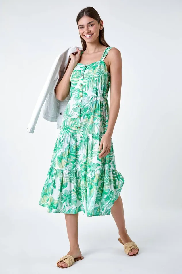 Mint Leaf Print Cotton Tiered Dress Women Roman Dresses