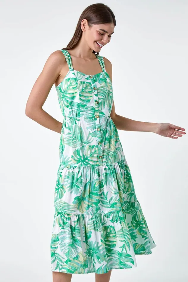 Mint Leaf Print Cotton Tiered Dress Women Roman Dresses