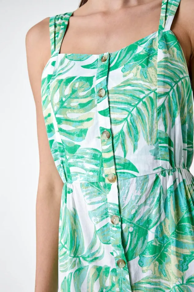 Mint Leaf Print Cotton Tiered Dress Women Roman Dresses