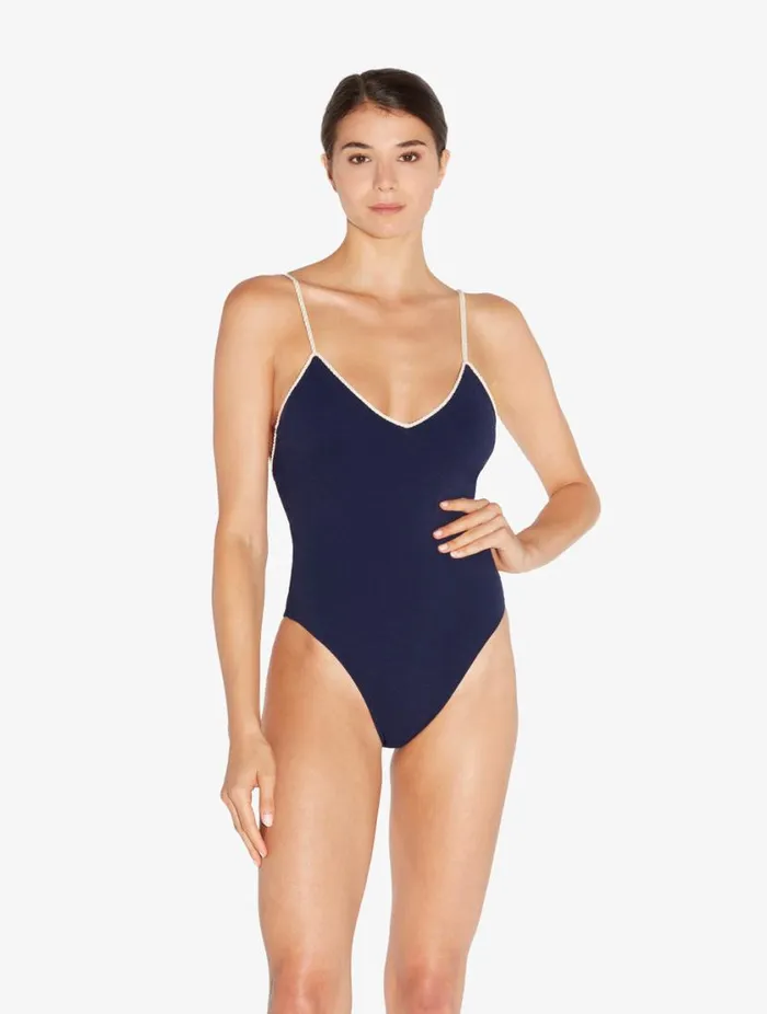 Monogram Vneck Swimsuit In Navy Swim La Perla OnePiece Bathing Suits