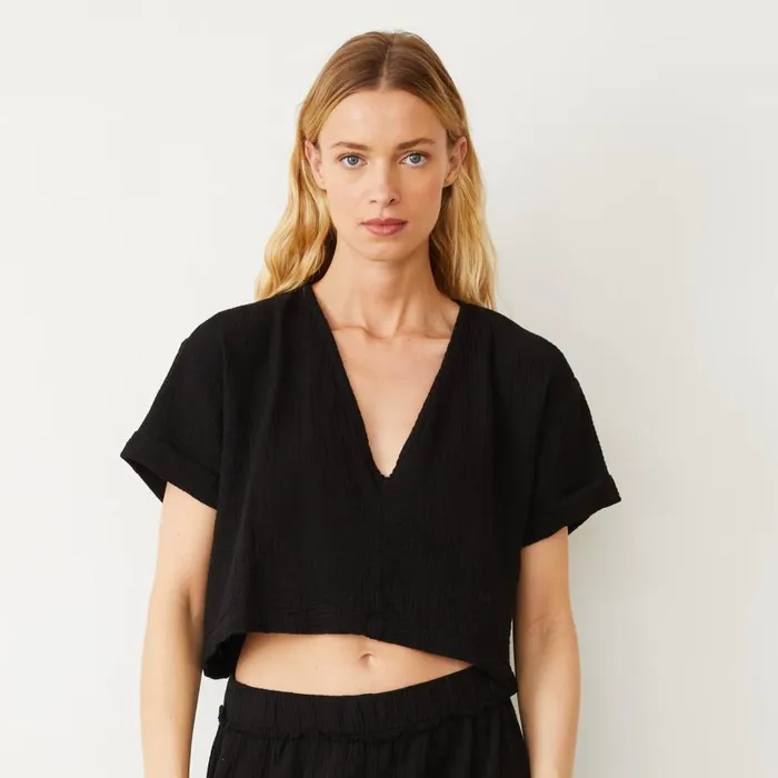 MONROW Tees Gauze V Neck Mini Top 8211 Women MONROW Tees Gauze V Neck Mini Top 8211 Women