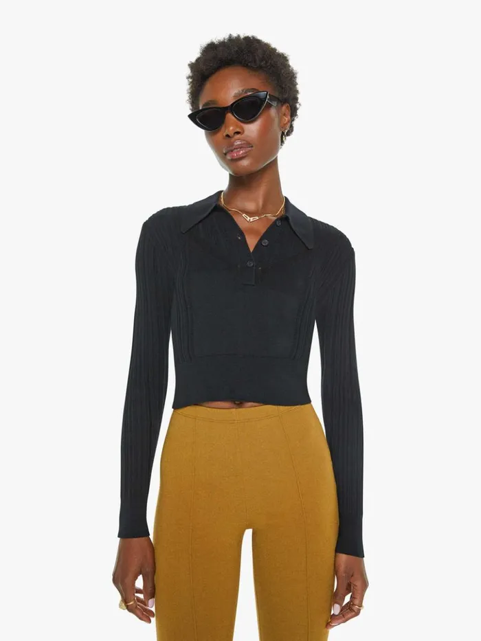 Mother Denim Frances Cropped Collared Henley Black 8211 Women