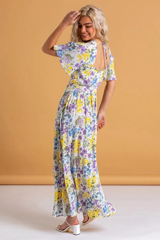 Multi Floral Belted Maxi Dress Women Roman Dresses