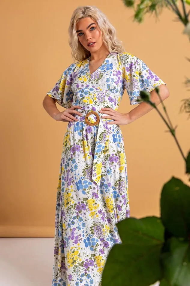 Multi Floral Belted Maxi Dress Women Roman Dresses