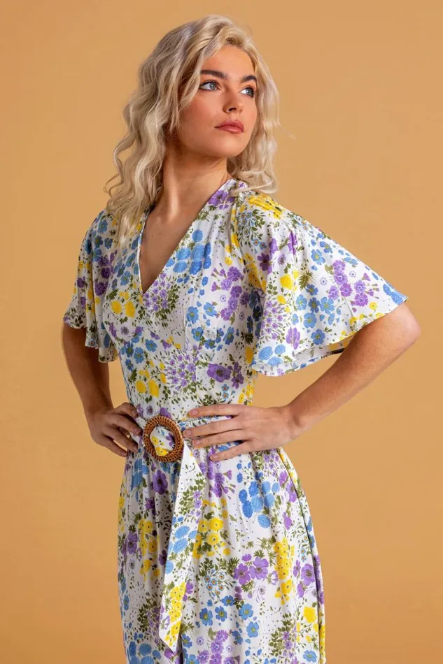 Multi Floral Belted Maxi Dress Women Roman Dresses