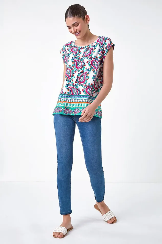 Multi Paisley Print Short Sleeve Top Women Roman Tops