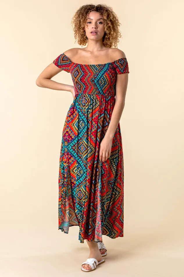 Multi Shirred Aztec Print Bardot Dress Women Roman Dresses