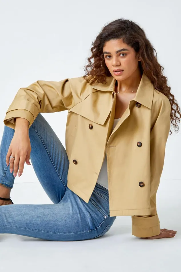 Natural Cotton Blend Cropped Stretch Trench Coat Women Roman Jackets