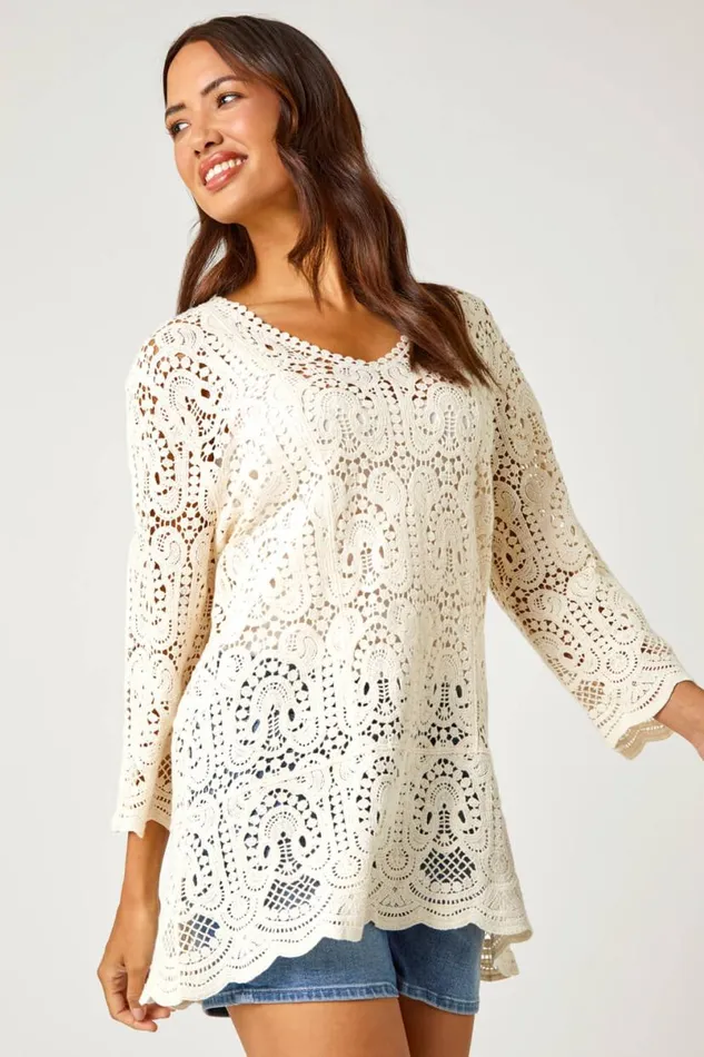 Natural Cotton Crochet Tunic Top Women Roman Tops