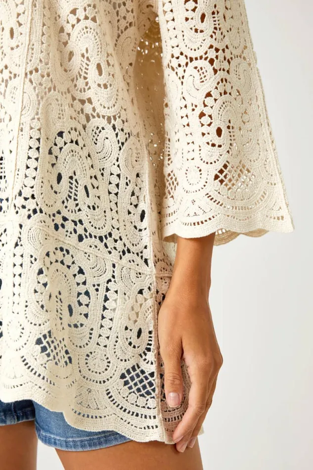 Natural Cotton Crochet Tunic Top Women Roman Tops