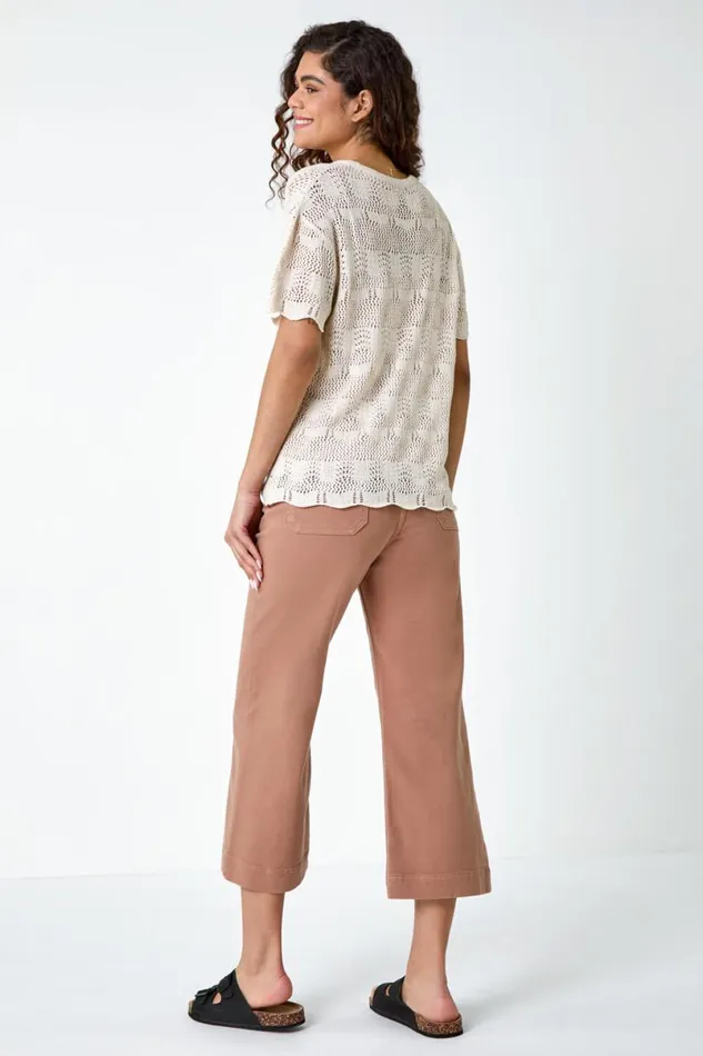 Natural Pointelle Knit Scalloped Hem Top Women Roman Tops