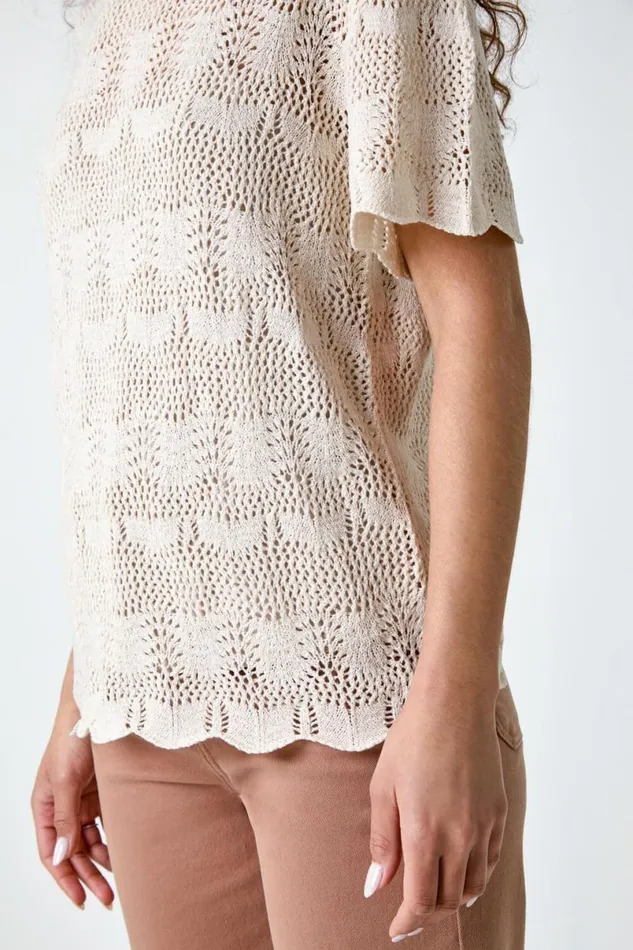 Natural Pointelle Knit Scalloped Hem Top Women Roman Tops