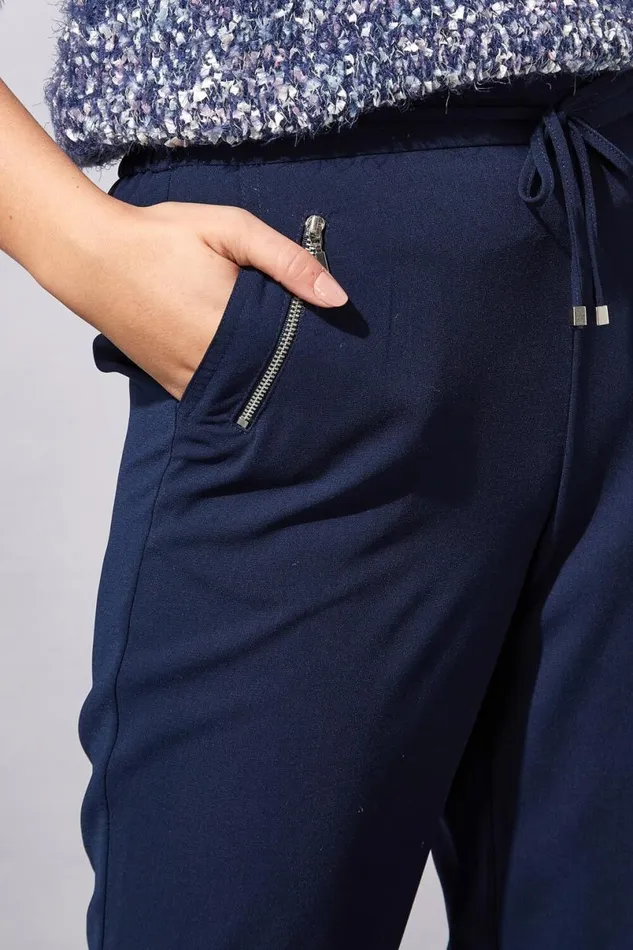 Navy 27 Inch Elastic Waist Tie Front Jogger Women Roman Trousers