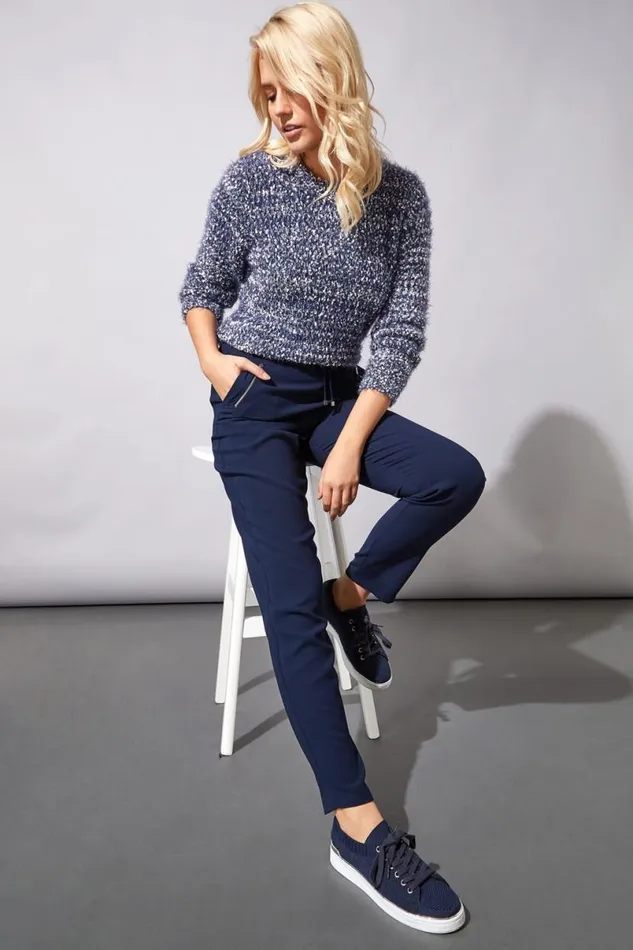 Navy 27 Inch Elastic Waist Tie Front Jogger Women Roman Trousers