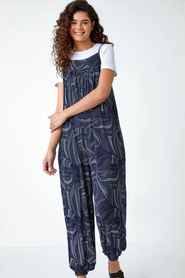 Navy Abstract Print Pocket Stretch Jumpsuit Women Roman Dresses