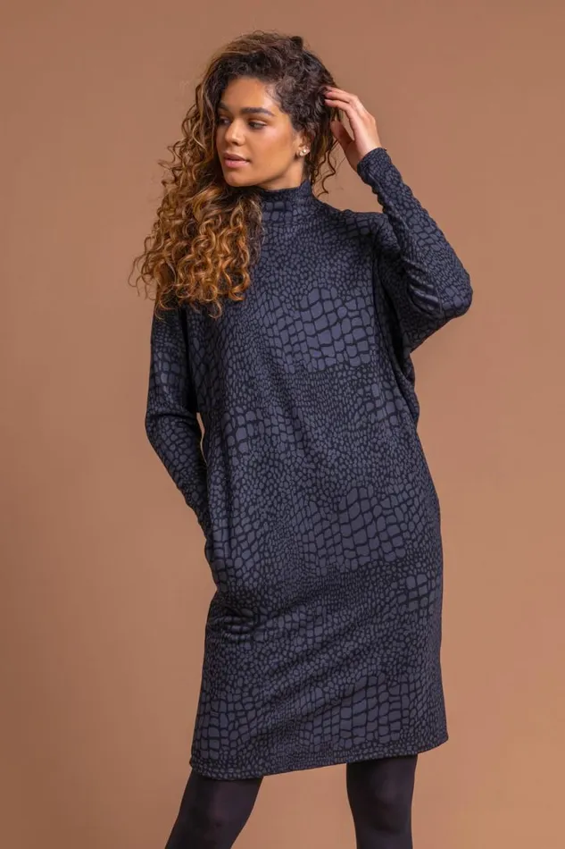 Navy Animal Print Jacquard Polo Neck Dress Women Roman Dresses