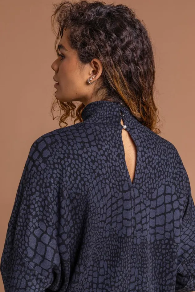 Navy Animal Print Jacquard Polo Neck Dress Women Roman Dresses