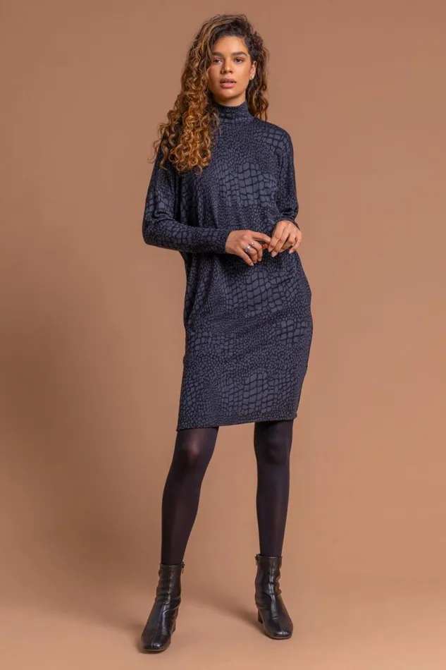 Navy Animal Print Jacquard Polo Neck Dress Women Roman Dresses