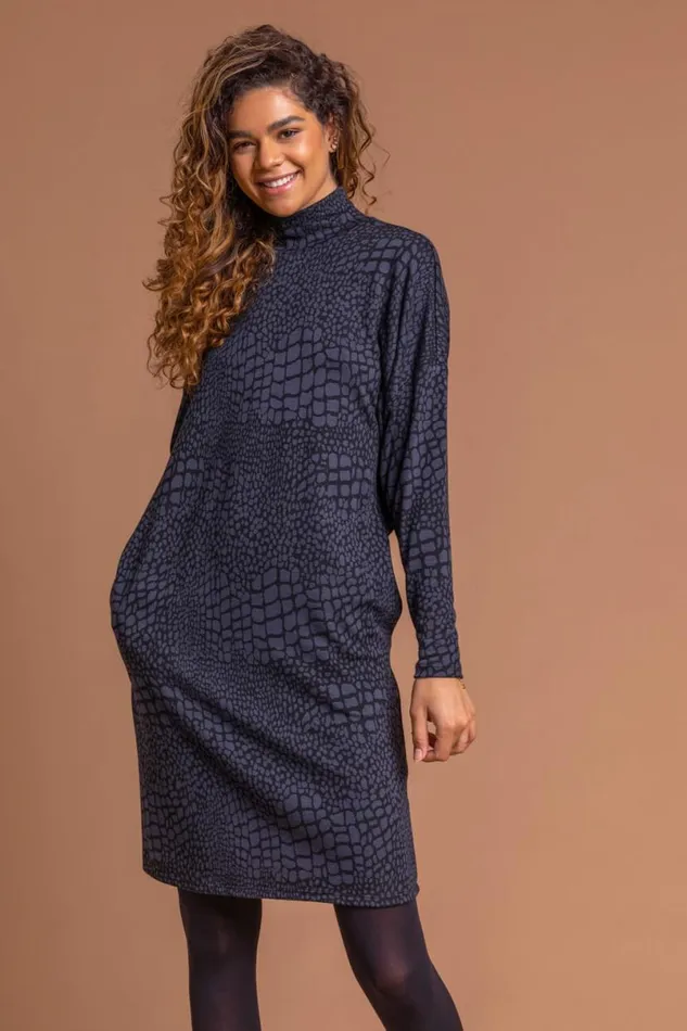 Navy Animal Print Jacquard Polo Neck Dress Women Roman Dresses