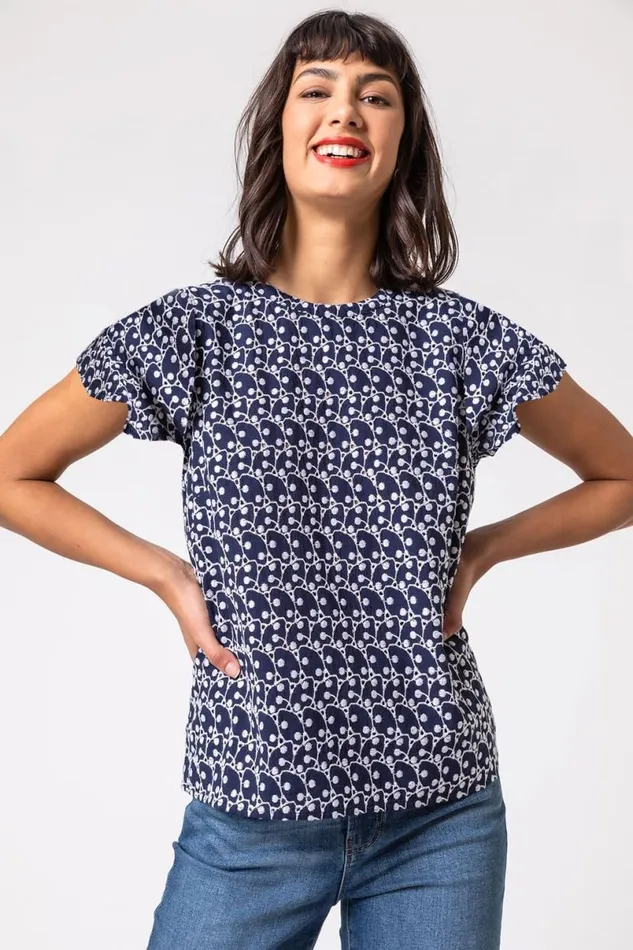 Navy Broderie Spot Frill Sleeve Detail Top Women Roman Tops