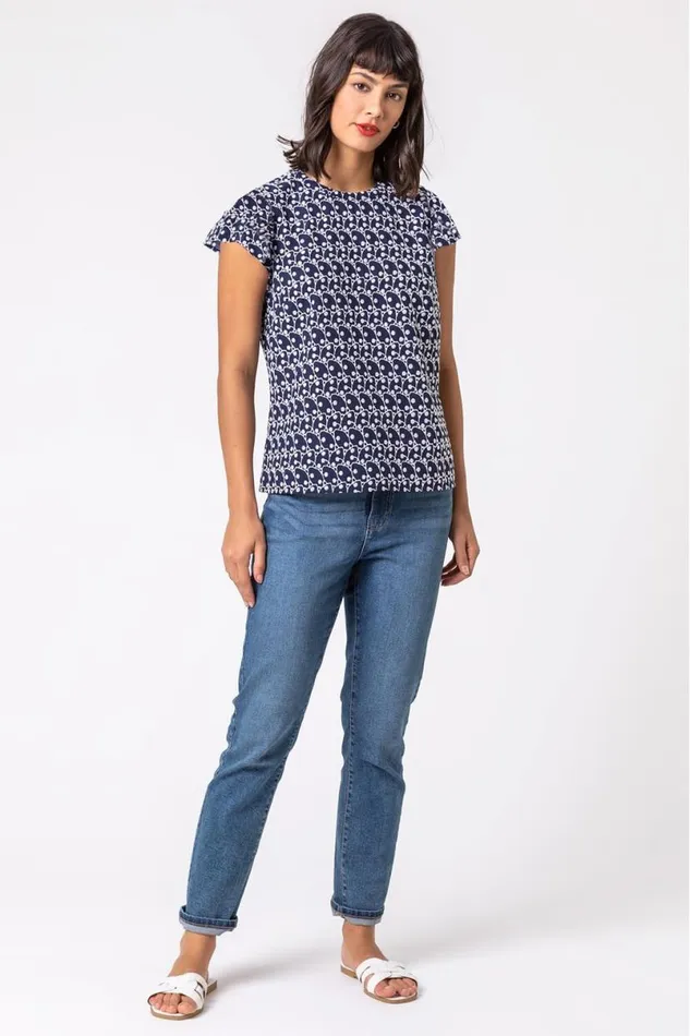 Navy Broderie Spot Frill Sleeve Detail Top Women Roman Tops