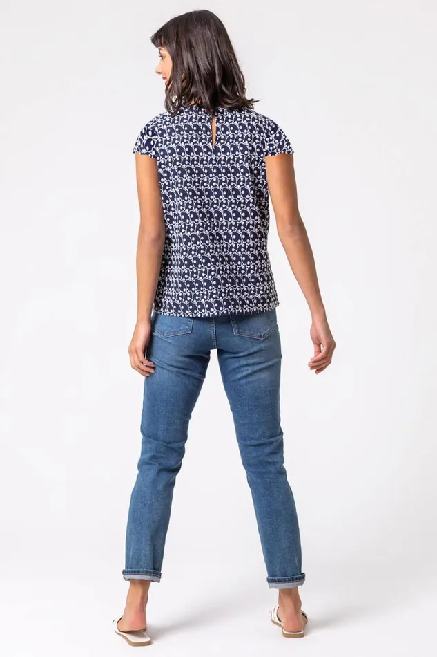 Navy Broderie Spot Frill Sleeve Detail Top Women Roman Tops