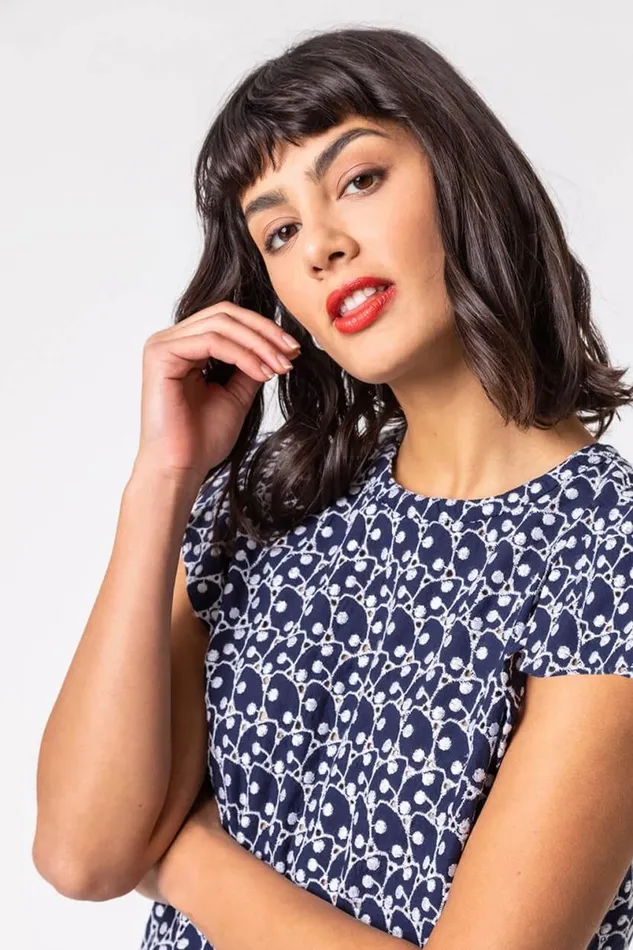 Navy Broderie Spot Frill Sleeve Detail Top Women Roman Tops