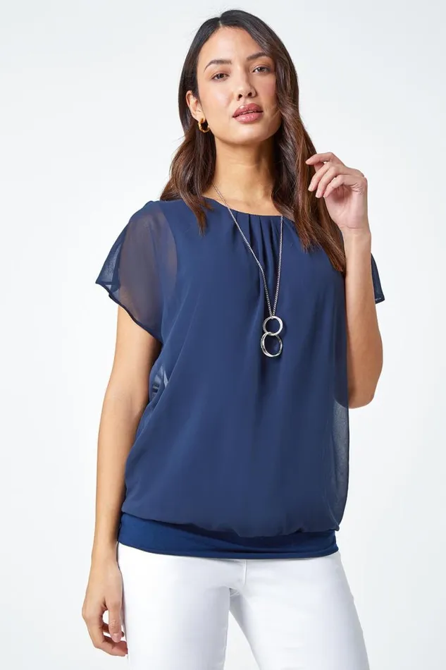 Navy Chiffon Jersey Blouson Top With Necklace Women Roman Tops